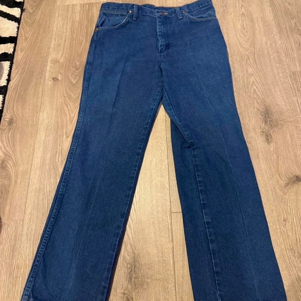 Vintage Wrangler Dark Wash Straight Leg Jeans 35x30 USA Made Western Cowboy